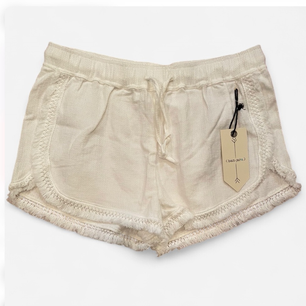 NWT Banjara White Fringe 100% Cotton Boho Summer Shorts Size L.